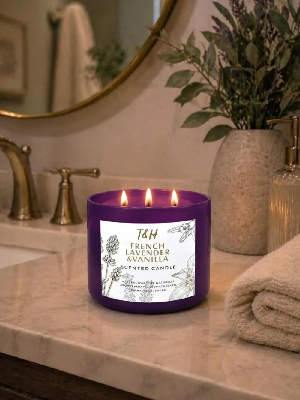 Large 3-Wick French Lavender Vanilla Soy Candle | Relaxing Aromatherapy Gift